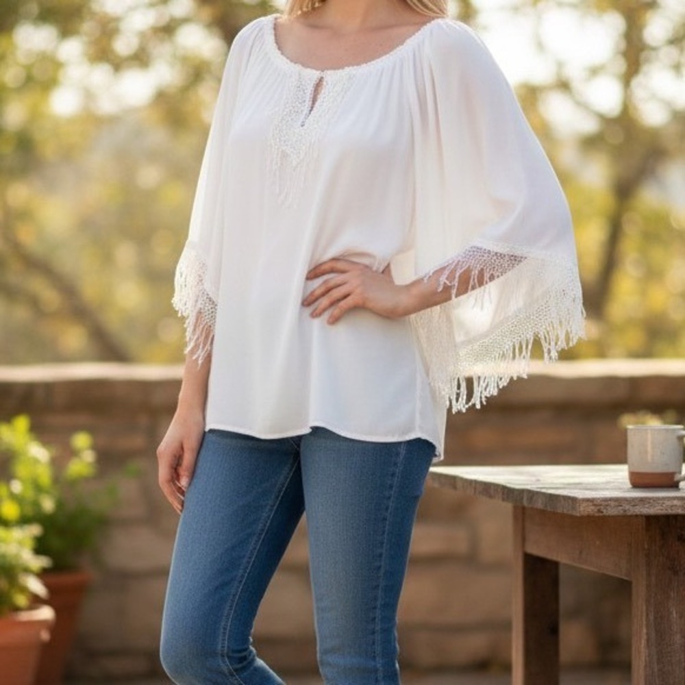 Melissa Paige Peasant Blouse Women M White Lace Fringe Bell Sleeve Boho Top Twee